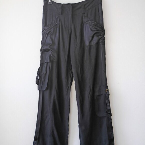 Latifa 100% Silk Black Cargo dressy Pants Size 29 Wide Leg Silk |  Size 29 - Picture 1 of 9